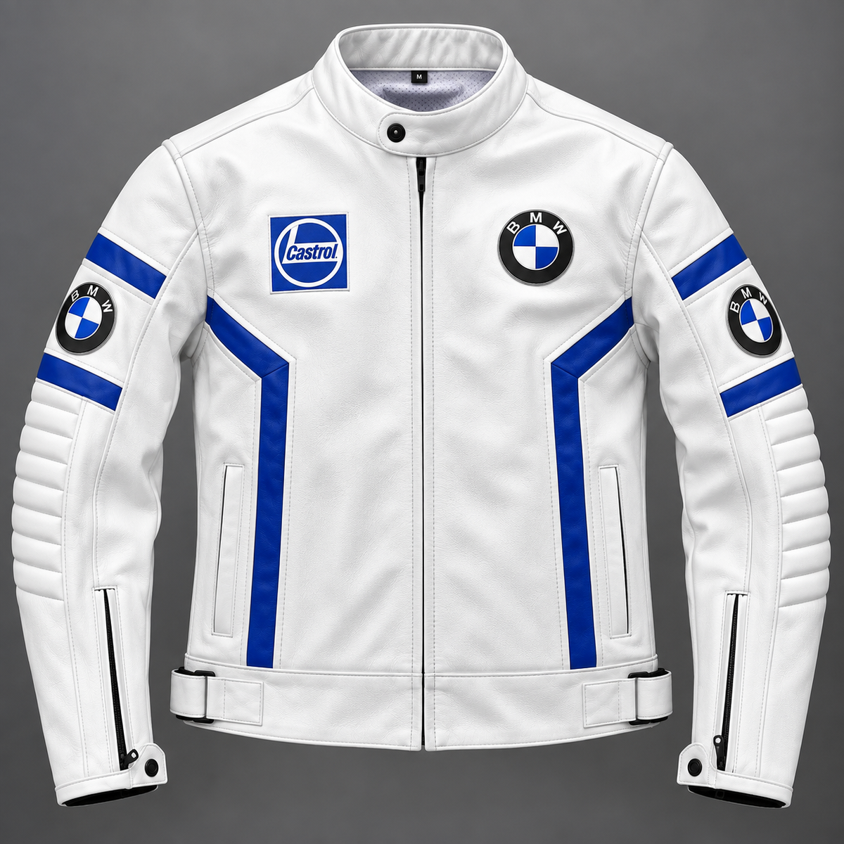A white leather motorcycle jacket featuring blue stripes, Castrol logos, and BMW roundel emblems, displayed on a neutral gray background.