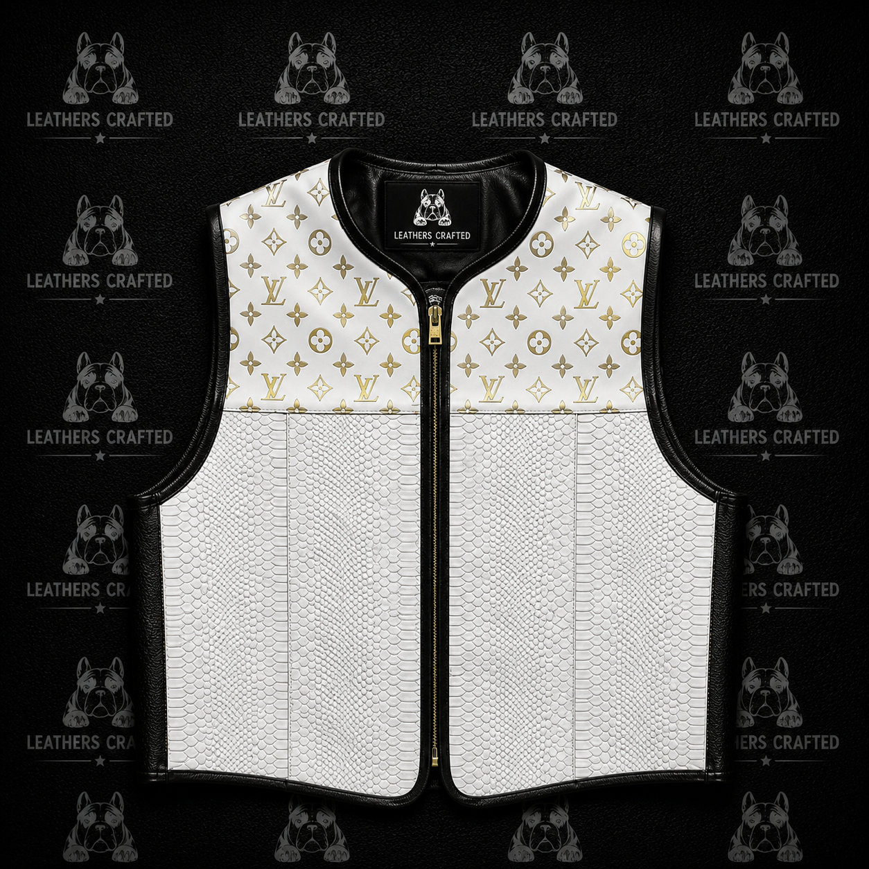 A structured leather vest with a white and gold monogram pattern on the upper chest, a white textured python-style lower body, black leather trim, and a black front zipper. The vest is displayed flat against a black background with a repeating watermark pattern of a dog's head and the text 'LEATHERS CRAFTED'.