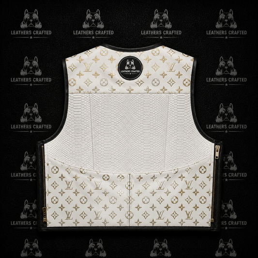 Premium White Luxury Monogram-Inspired Leather Biker Vest