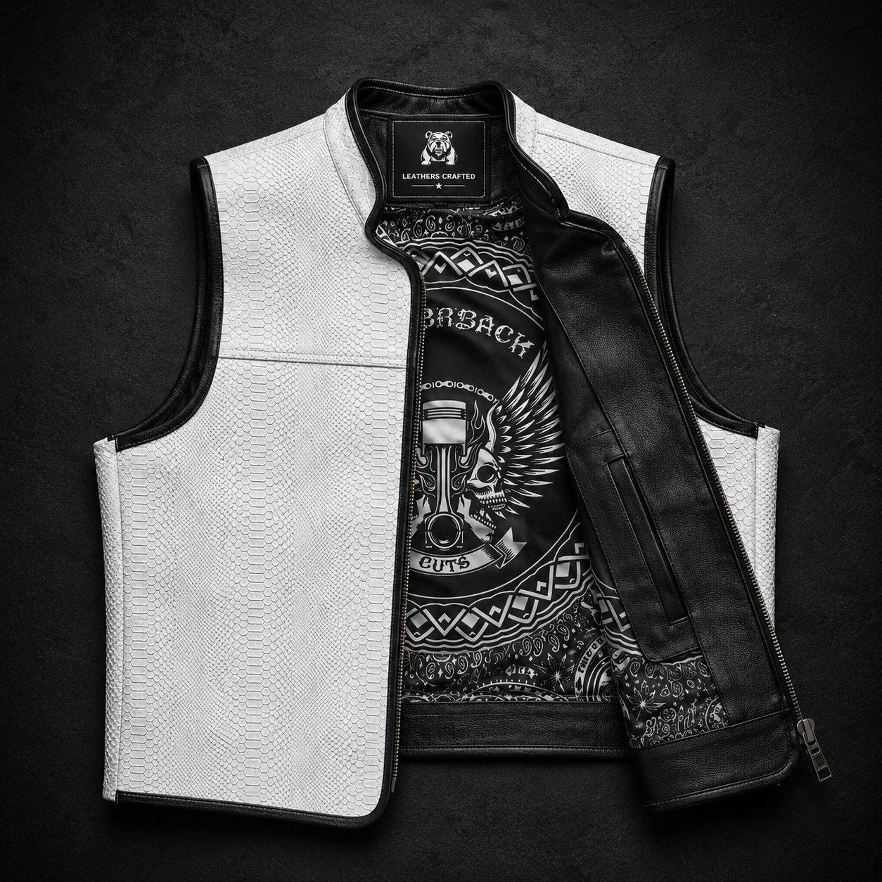Premium White Python Embossed Leather Biker Vest