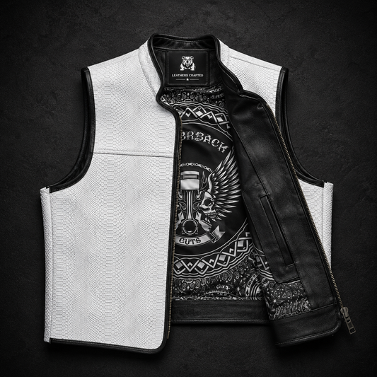Premium White Python Embossed Leather Biker Vest